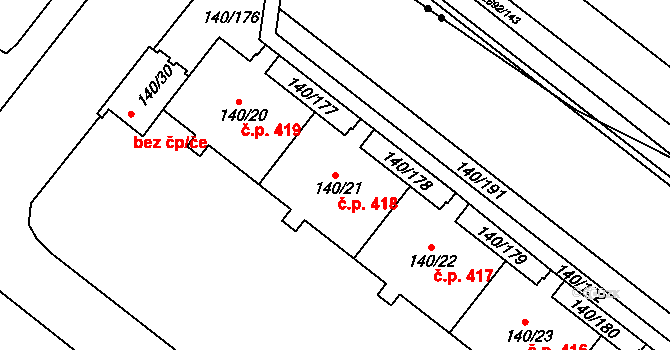Lhotka 418, Praha na parcele st. 140/21 v KÚ Lhotka, Katastrální mapa