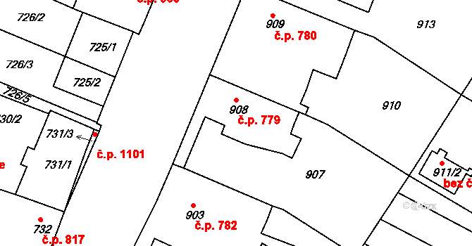 Mutěnice 779 na parcele st. 908 v KÚ Mutěnice, Katastrální mapa