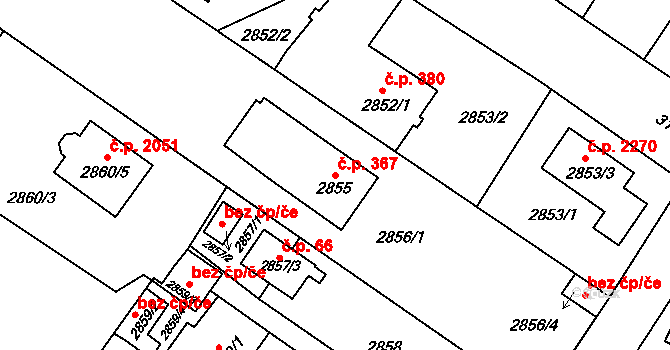 Bolevec 367, Plzeň na parcele st. 2855 v KÚ Bolevec, Katastrální mapa