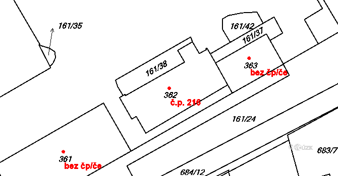 Hrádek na Vlárské dráze 216, Slavičín na parcele st. 362 v KÚ Hrádek na Vlárské dráze, Katastrální mapa