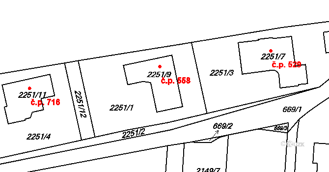 Lipence 558, Praha na parcele st. 2251/9 v KÚ Lipence, Katastrální mapa