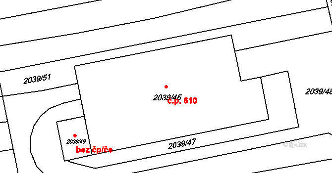 Hrušovany u Brna 610 na parcele st. 2039/45 v KÚ Hrušovany u Brna, Katastrální mapa
