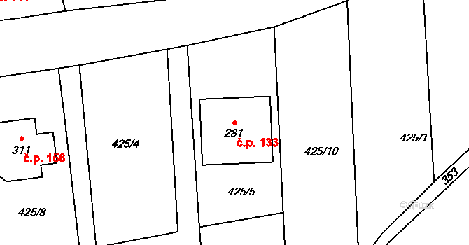 Hybrálec 133 na parcele st. 281 v KÚ Hybrálec, Katastrální mapa
