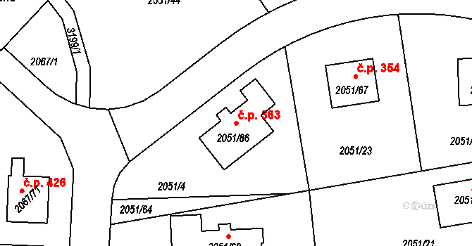 Strkov 363, Planá nad Lužnicí na parcele st. 2051/86 v KÚ Planá nad Lužnicí, Katastrální mapa