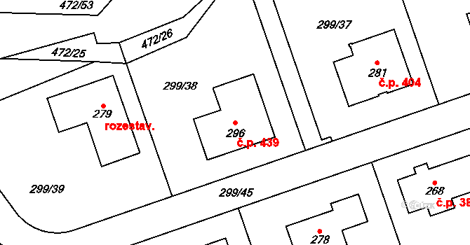 Tuchoměřice 439 na parcele st. 296 v KÚ Kněžívka, Katastrální mapa
