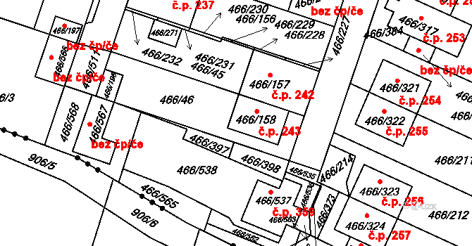 Rebešovice 243 na parcele st. 466/158 v KÚ Rebešovice, Katastrální mapa