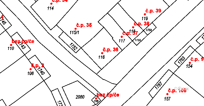 Hostěrádky-Rešov 36 na parcele st. 116 v KÚ Hostěrádky, Katastrální mapa