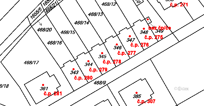Rosice 278 na parcele st. 345 v KÚ Rosice u Chrasti, Katastrální mapa