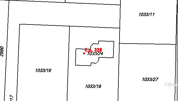 Káraný 328 na parcele st. 1033/24 v KÚ Káraný, Katastrální mapa