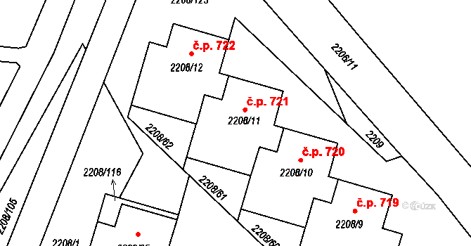 Veselí nad Lužnicí II 721, Veselí nad Lužnicí na parcele st. 2208/11 v KÚ Veselí nad Lužnicí, Katastrální mapa