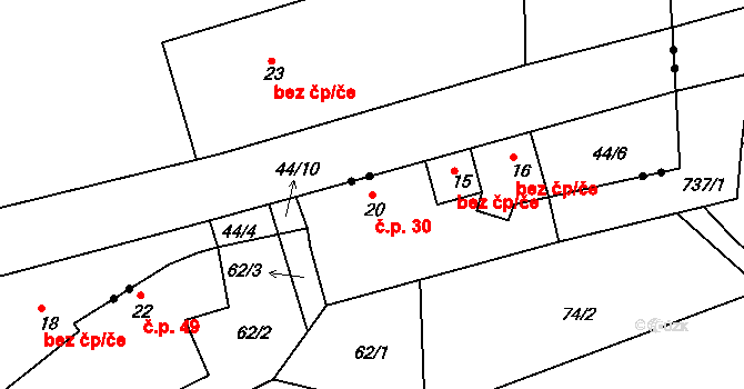 Velešice 30, Pačejov na parcele st. 20 v KÚ Velešice u Pačejova, Katastrální mapa