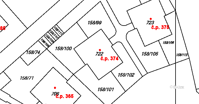 Řitka 374 na parcele st. 722 v KÚ Řitka, Katastrální mapa
