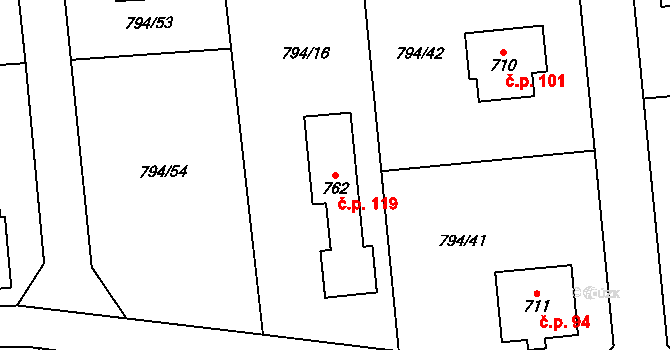 Halouny 119, Svinaře na parcele st. 762 v KÚ Svinaře, Katastrální mapa