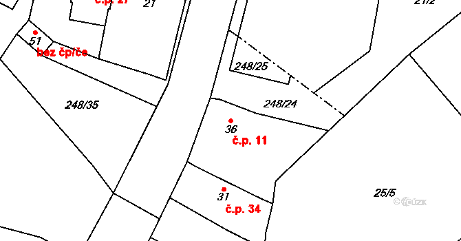 Milčeves 11, Žatec na parcele st. 36 v KÚ Milčeves, Katastrální mapa
