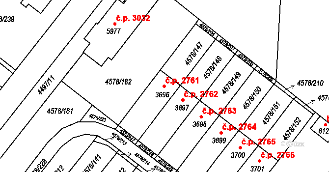 Žatec 2761 na parcele st. 3696 v KÚ Žatec, Katastrální mapa