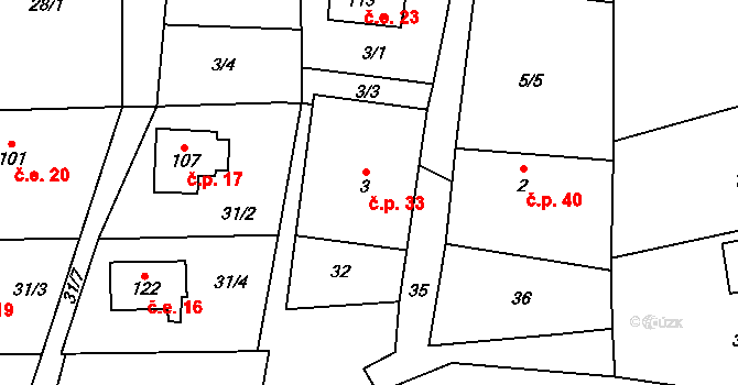 Proruby 33, Brzice na parcele st. 3 v KÚ Proruby, Katastrální mapa