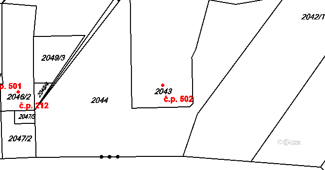 Hrušky 502 na parcele st. 2043 v KÚ Hrušky, Katastrální mapa