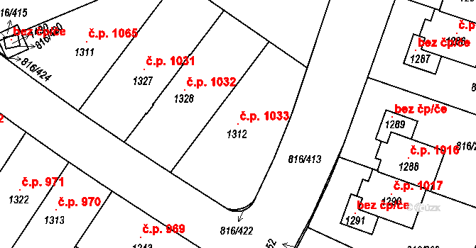 Chýně 1033 na parcele st. 1312 v KÚ Chýně, Katastrální mapa