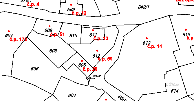 Černé Budy 69, Sázava na parcele st. 612 v KÚ Černé Budy, Katastrální mapa