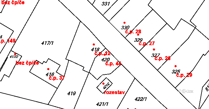 Šindlovy Dvory 44, Litvínovice na parcele st. 420 v KÚ Litvínovice, Katastrální mapa