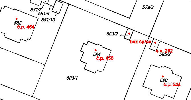 Modřice 455 na parcele st. 584 v KÚ Modřice, Katastrální mapa