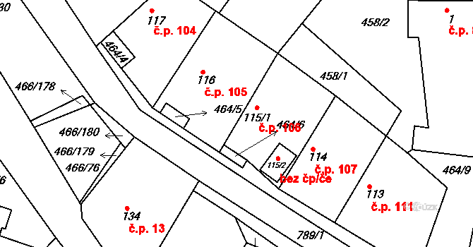 Broumy 106 na parcele st. 115/1 v KÚ Broumy, Katastrální mapa
