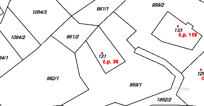 Chuchelna 36 na parcele st. 131 v KÚ Chuchelna, Katastrální mapa
