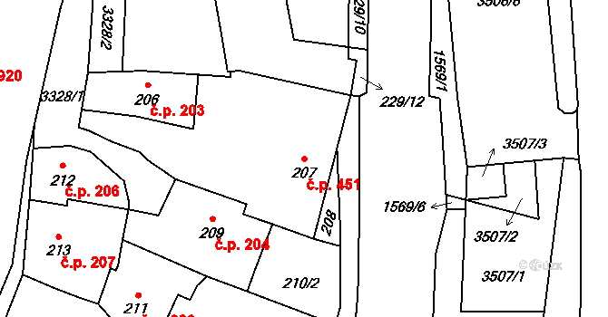 Pelhřimov 451 na parcele st. 207 v KÚ Pelhřimov, Katastrální mapa
