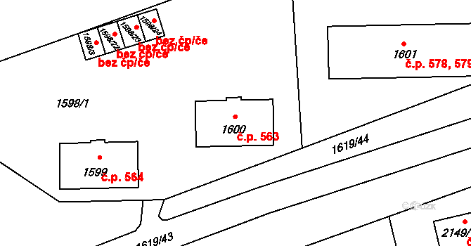 Paskov 563 na parcele st. 1600 v KÚ Paskov, Katastrální mapa