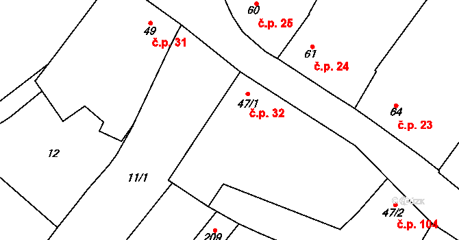 Unčovice 32, Litovel na parcele st. 47/1 v KÚ Unčovice, Katastrální mapa