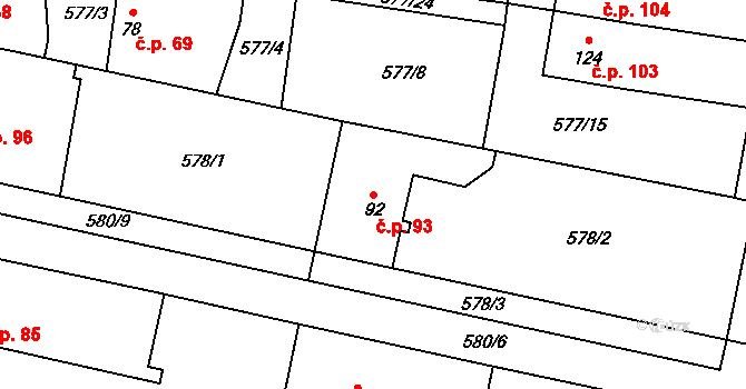 Hrušov 93 na parcele st. 92 v KÚ Hrušov nad Jizerou, Katastrální mapa