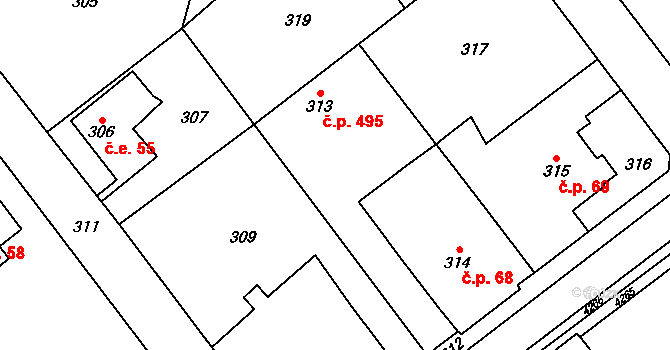 Újezd nad Lesy 495, Praha na parcele st. 313 v KÚ Újezd nad Lesy, Katastrální mapa
