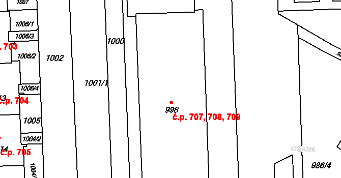 Háje 707,708,709, Praha na parcele st. 998 v KÚ Háje, Katastrální mapa