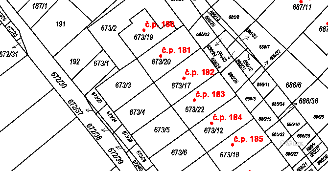 Rozdrojovice 182 na parcele st. 673/17 v KÚ Rozdrojovice, Katastrální mapa