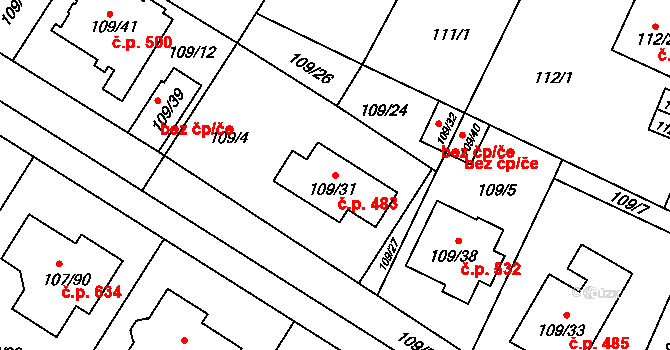 Újezd 483, Plzeň na parcele st. 109/31 v KÚ Újezd, Katastrální mapa