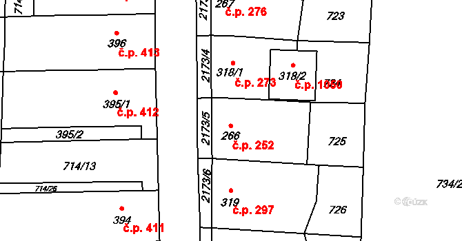 Lišov 252 na parcele st. 266 v KÚ Lišov, Katastrální mapa