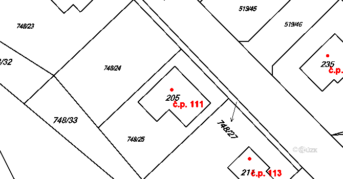 Řenče 111 na parcele st. 205 v KÚ Řenče, Katastrální mapa