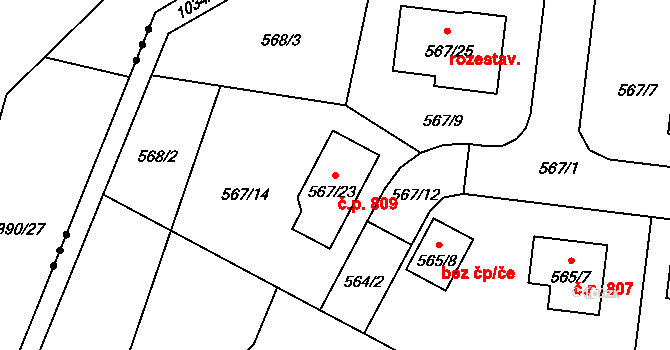 Srubec 809 na parcele st. 567/23 v KÚ Srubec, Katastrální mapa