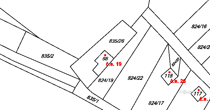 Počeplice 19, Štětí na parcele st. 98 v KÚ Počeplice, Katastrální mapa