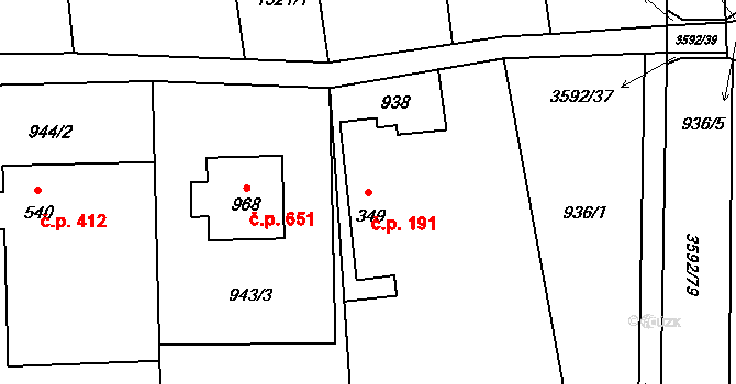 Halenkovice 191 na parcele st. 349 v KÚ Halenkovice, Katastrální mapa