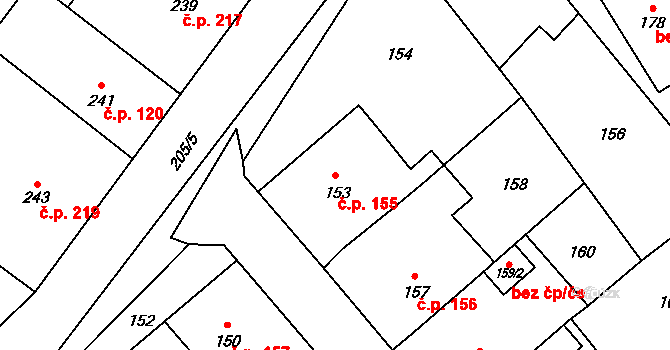 Fryšták 155 na parcele st. 153 v KÚ Fryšták, Katastrální mapa