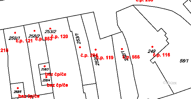 Malenovice 119, Zlín na parcele st. 252/2 v KÚ Malenovice u Zlína, Katastrální mapa