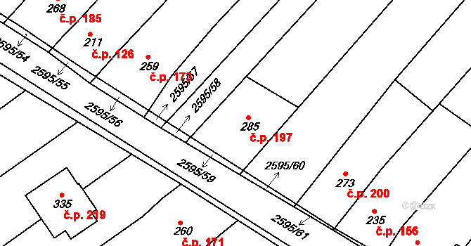 Rudice 197 na parcele st. 285 v KÚ Rudice, Katastrální mapa