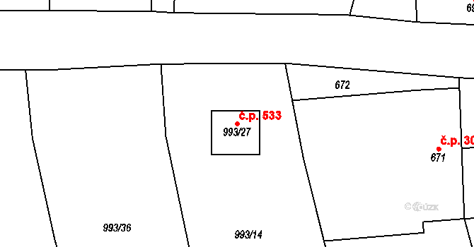 Senec 533, Zruč-Senec na parcele st. 993/27 v KÚ Senec u Plzně, Katastrální mapa