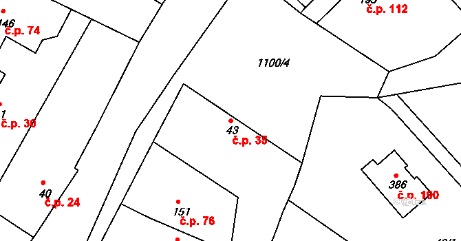 Jestřabí Lhota 35 na parcele st. 43 v KÚ Jestřabí Lhota, Katastrální mapa