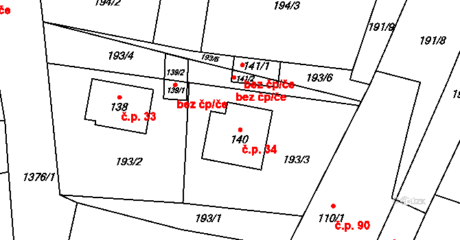 Srby 34 na parcele st. 140 v KÚ Srby u Horšovského Týna, Katastrální mapa