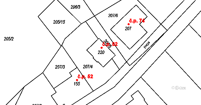 Řetechov 82, Luhačovice na parcele st. 220 v KÚ Řetechov, Katastrální mapa