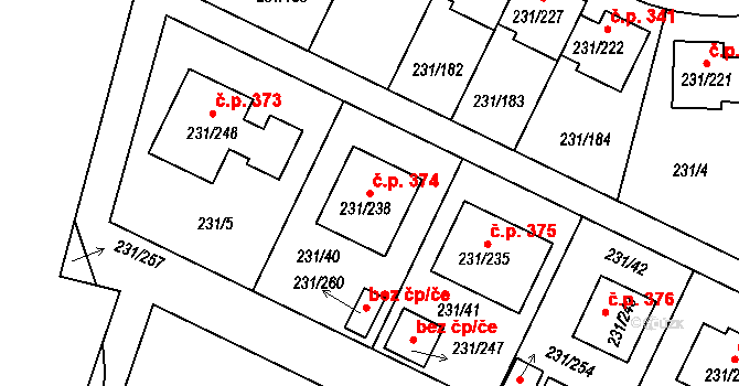 Frymburk 374 na parcele st. 231/238 v KÚ Frymburk, Katastrální mapa