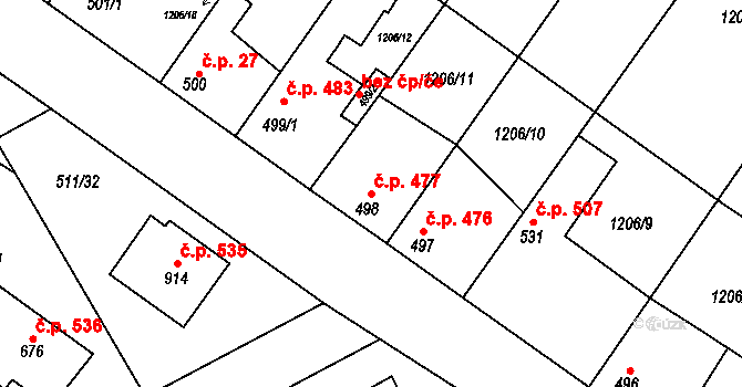 Kryry 477 na parcele st. 498 v KÚ Kryry, Katastrální mapa