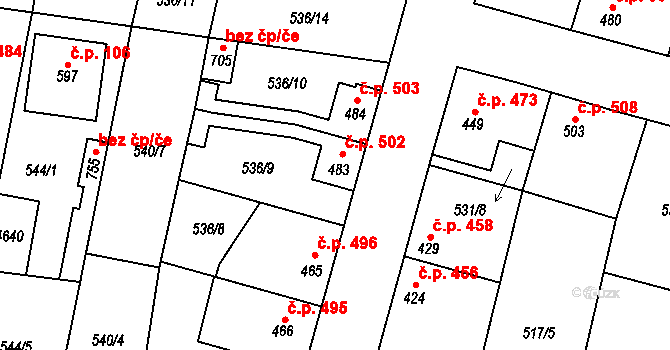 Lenešice 502 na parcele st. 483 v KÚ Lenešice, Katastrální mapa